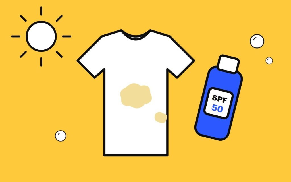 White T-shirt with sunscreen stains and an SPF bottle