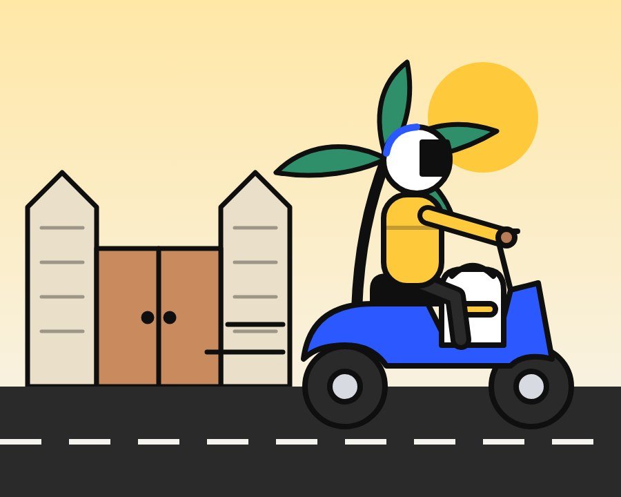 Driver on a scooter collecting laundry at a villa gate
